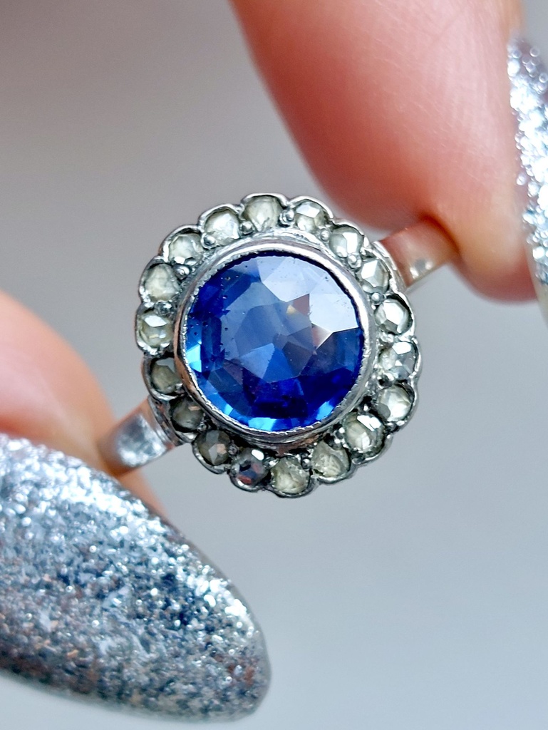 Art Deco Daisy Cluster Ring with Sapphire and Rose Cut Diamonds