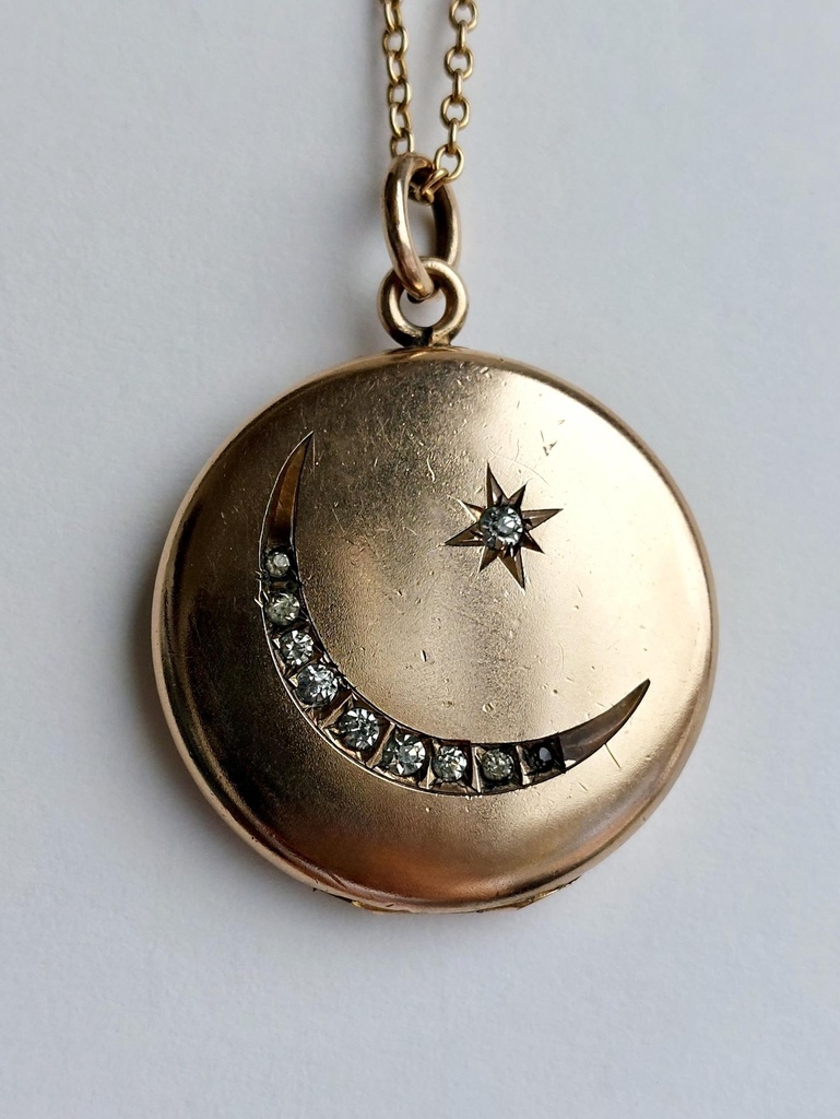 Moon Crescent and Star Antique Locket with Rhinestones