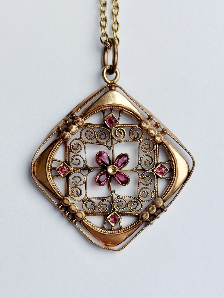 Antique Filigree Rose Gold Plated Pendant with milgrain details and Garnets