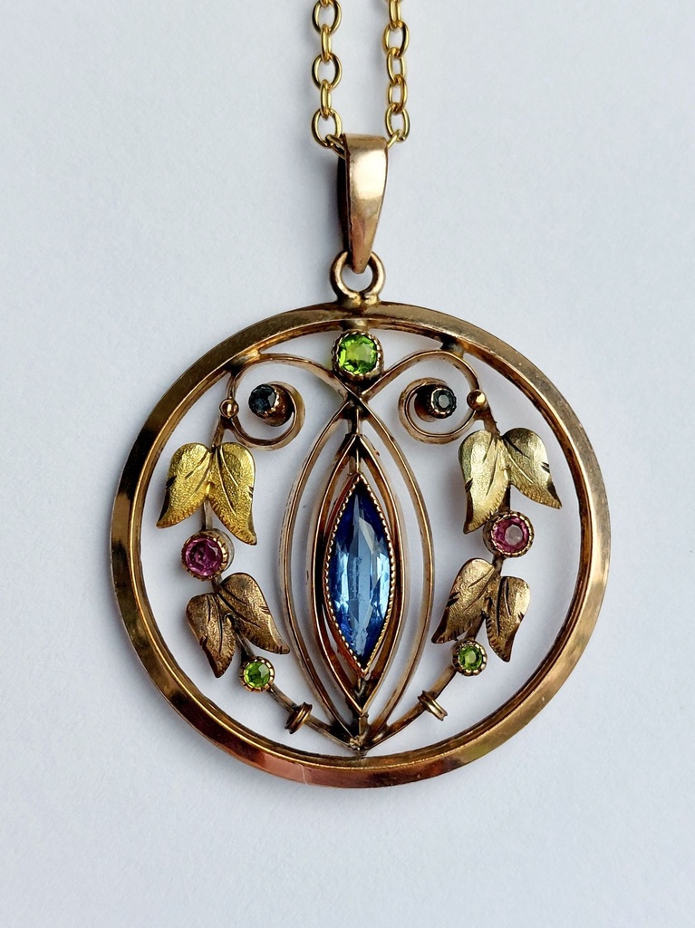 Antique Gold Plated Pendant with blue, green and purple glass stones