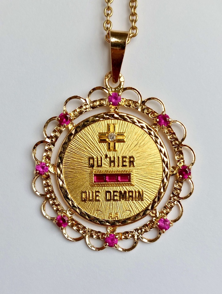Vintage 18k Gold Augis Medal with diamond and rubies