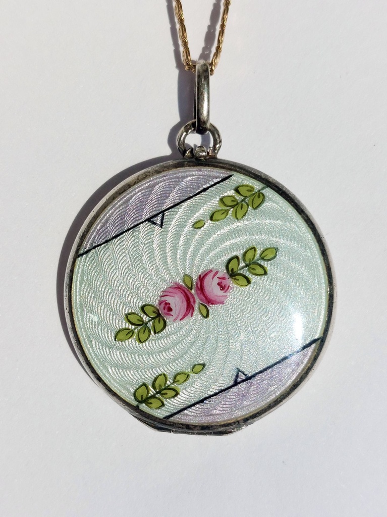 Art Deco Guilloché Enamel Silver Locket with hand-painted roses