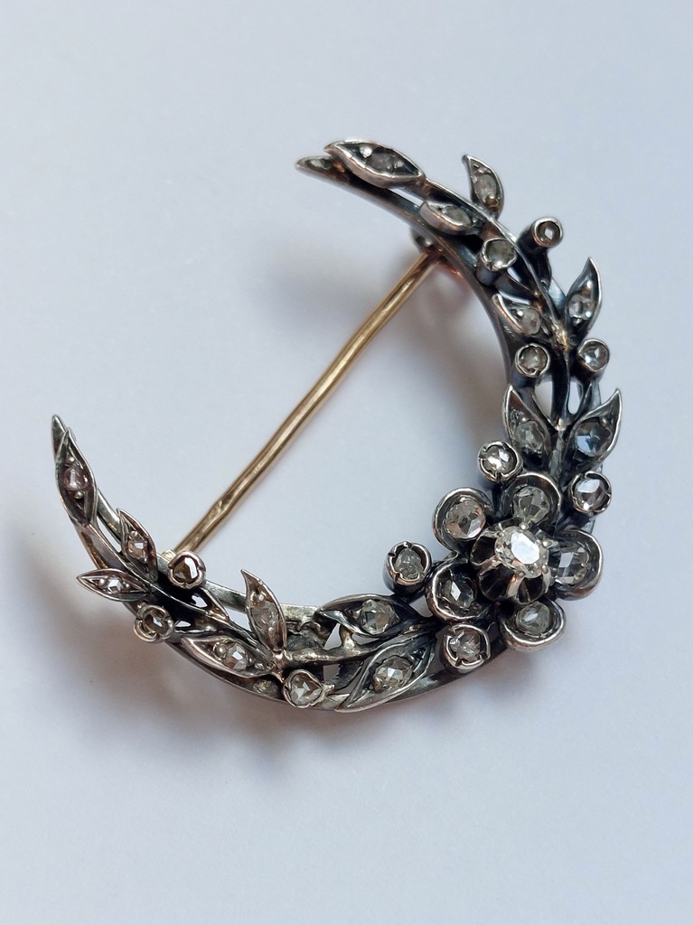 Napoleon III 18k Gold and Silver Moon Brooch with Diamonds