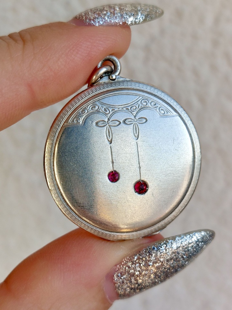Art Nouveau Silver Locket with Red Rhinestones