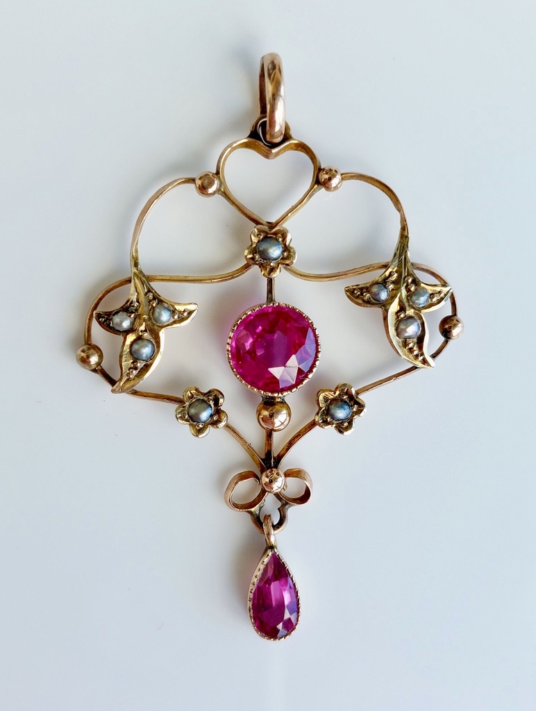 Antique 9k Gold Lavaliere Pendant with pink faceted stones and seed pearls