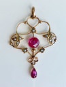 Antique 9k gold Lavaliere pendant with pink faceted stones and seed pearls