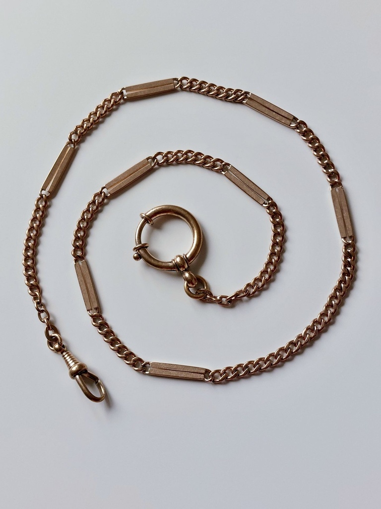 Antique Rose Gold Long Watch Chain with Bolt Ring Clasp and Dog Clip