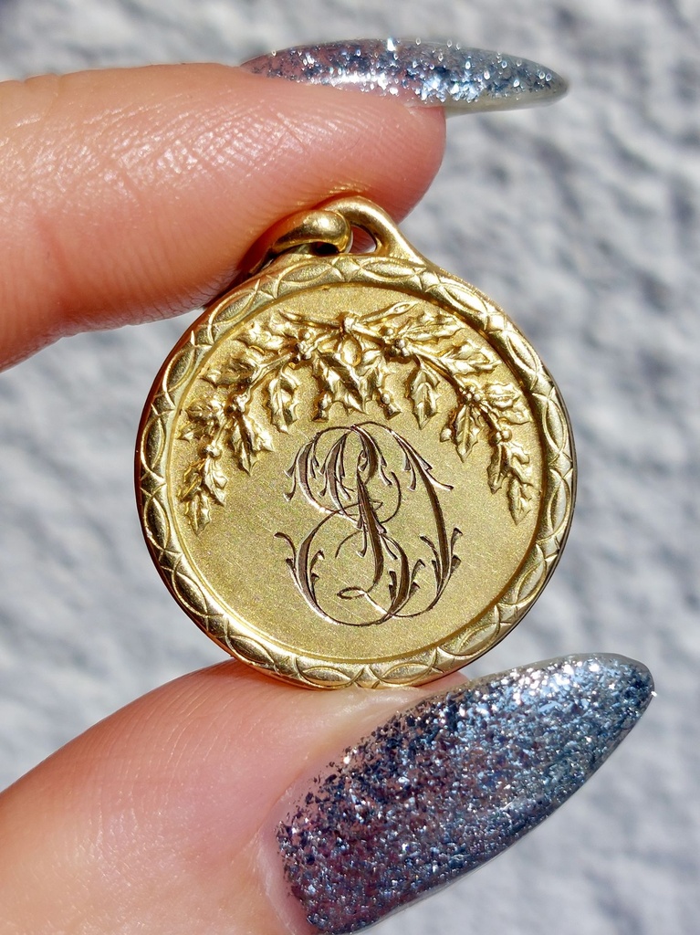 Antique French Pendant with holly, initial ED - brand ORIA