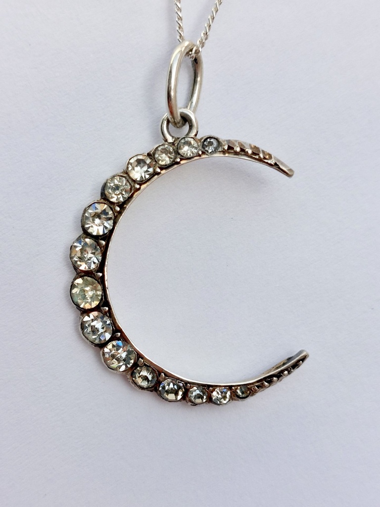 Victorian Moon Silver Pendant with Rhinestones - Brooch conversion
