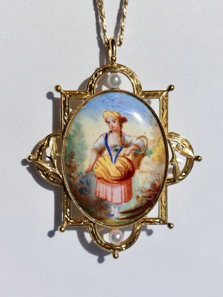 Antique 18k Gold Limoges Porcelain Brooch-Pendant