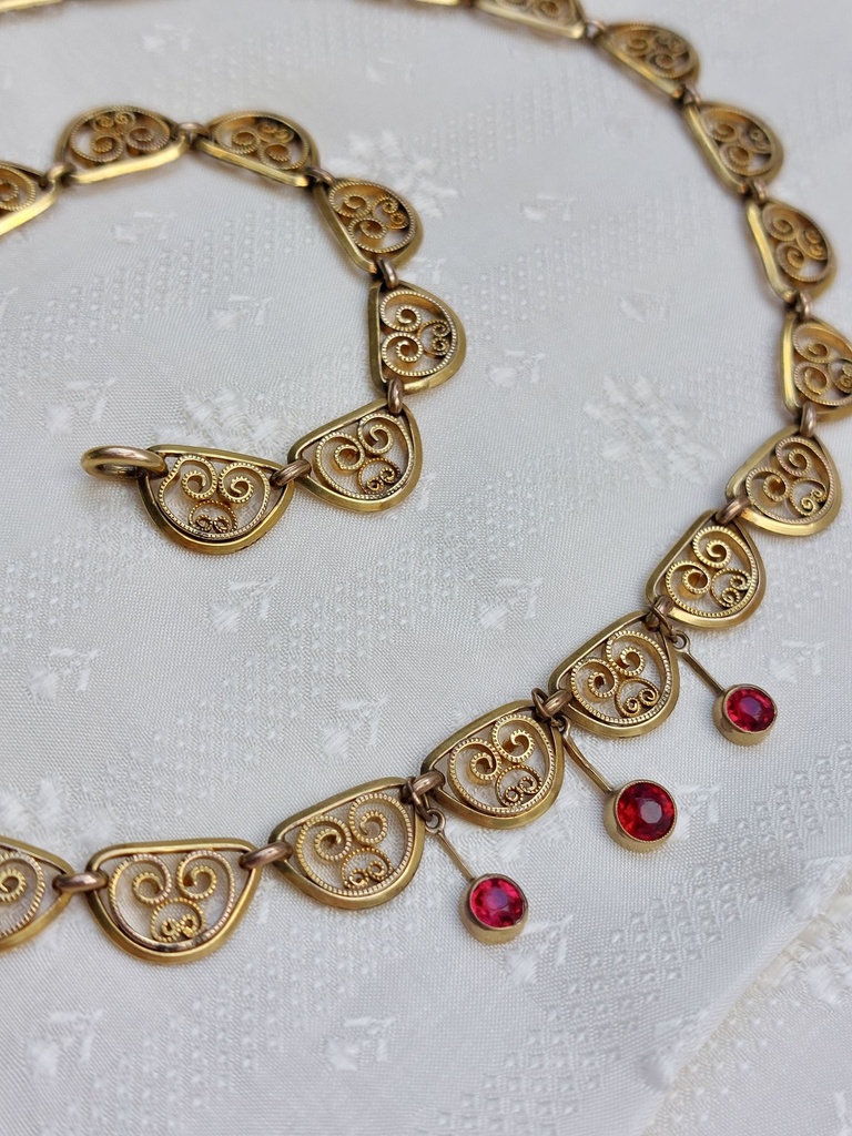 Art Nouveau Draperie French Necklace with Ruby Pastes