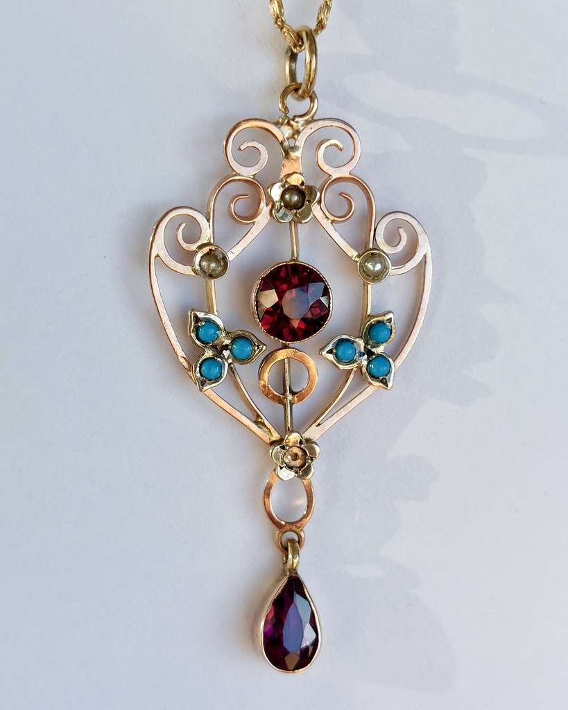 Antique 9k Gold Lavalier Pendant with Turquoise, Seed Pearls and Garnet