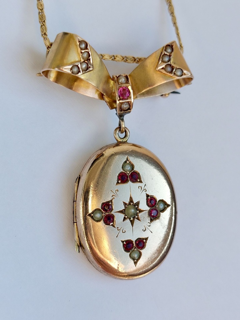 Victorian Rose Gold Italian Locket with bow, seed pearls and ruby pastes