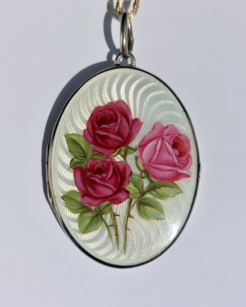 Art Deco Guilloche Enamel Silver Locket with hand-painted Roses