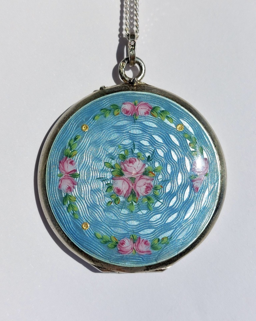 Art Deco blue guilloché enamel large locket with hand-painted roses