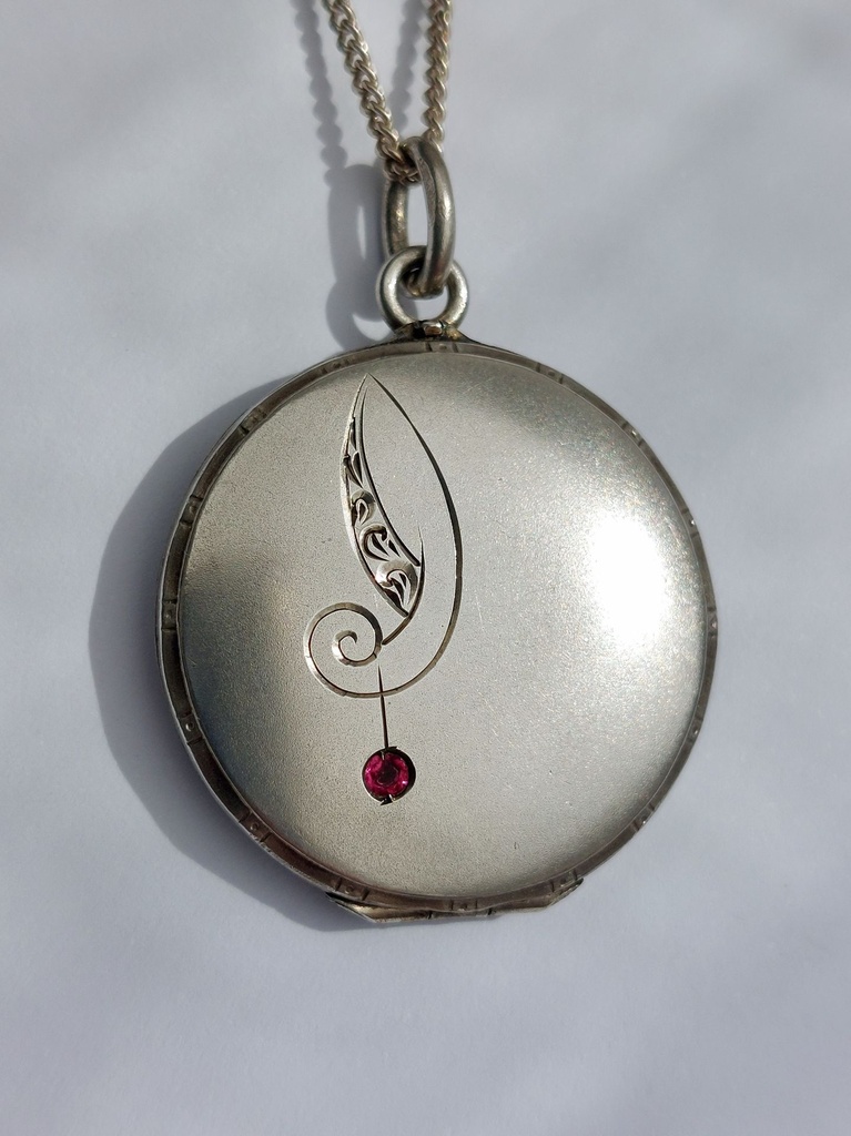 Art Nouveau Silver Locket with Red Rhinestone