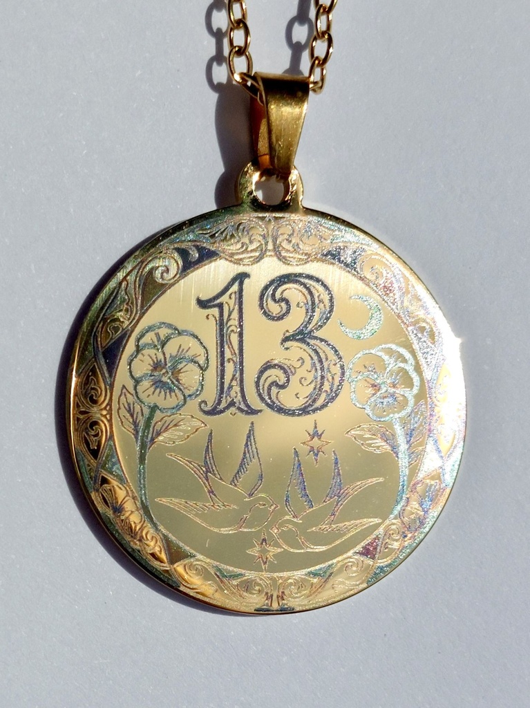 Number 16 - 13 Lucky Pendant with Swallow Birds and Pansy Flowers in yellow gold
