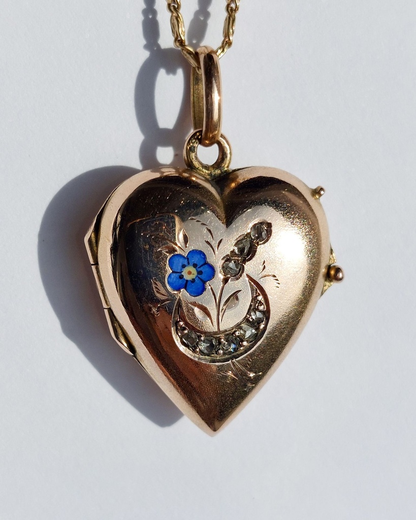 Antique 14k gold Austrian locket with rose-cut diamonds and enamel (Céleste)