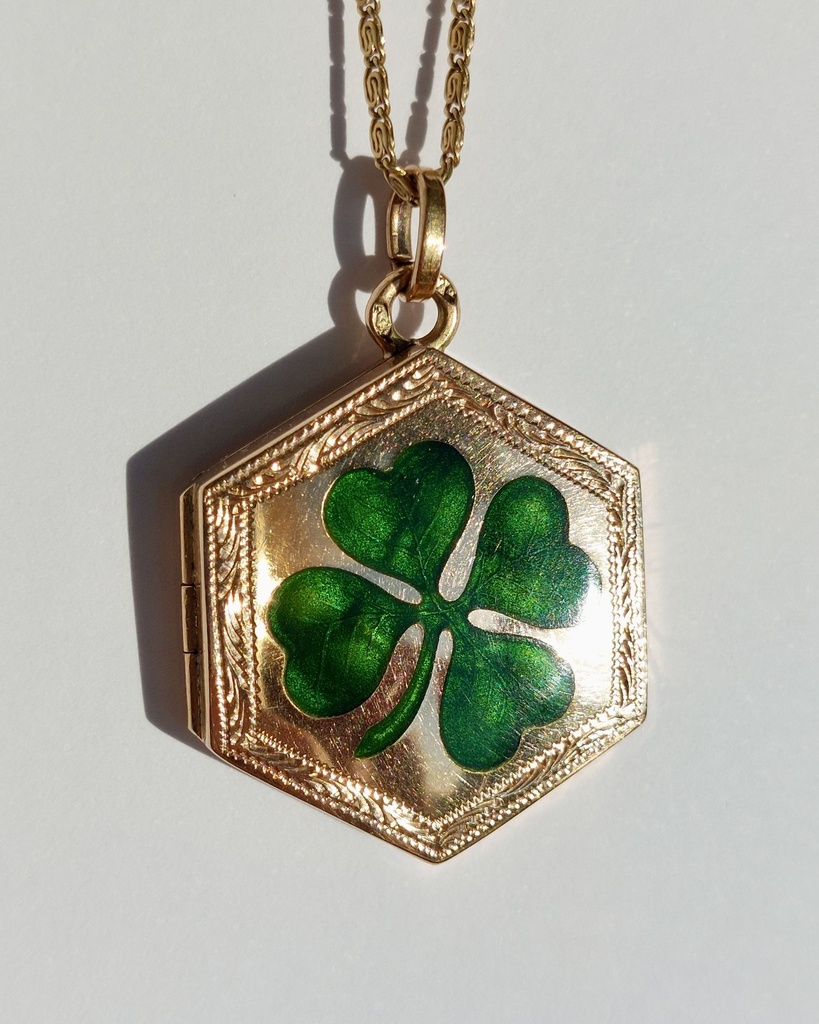 Austro-Hungarian 14k gold four-leaf clover locket with enamel