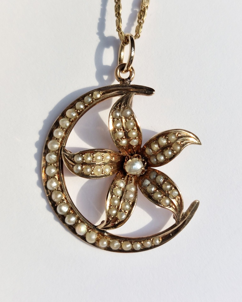 Victorian 10k Gold Celestial Flower and Moon Pendant with Seed Pearls (Céleste)