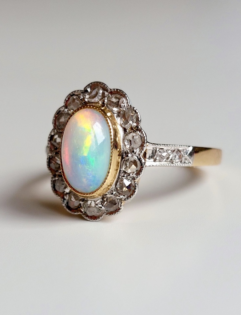 Belle Epoque Signed French Opal Cabochon 18k Gold Ring with Rose Cut Diamonds