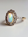 Belle Epoque Signed French Opal Cabochon 18k Gold Ring with Rose Cut Diamonds