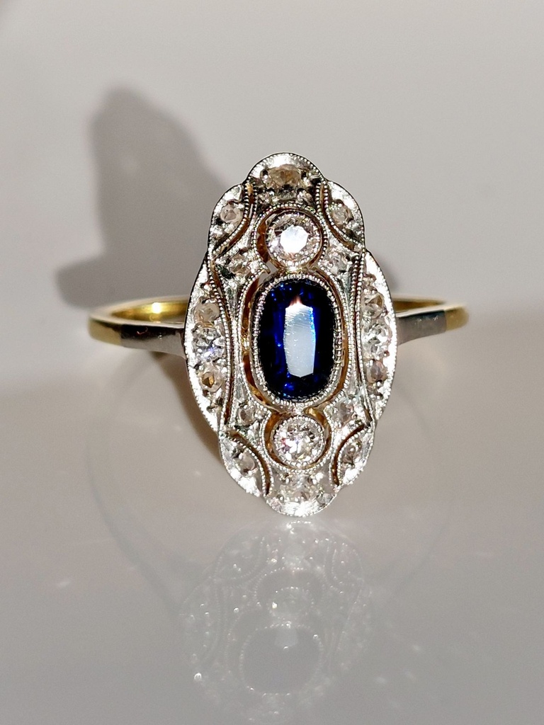 Art Deco 14k Gold Diamond and Sapphire Engagement Ring