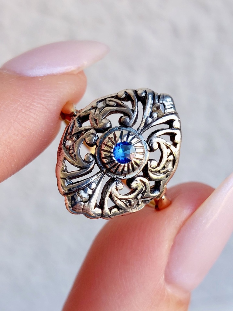 19th century Portuguese diamond and spinel ring in 19.2k gold and silver