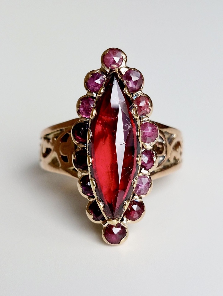 Victorian Navette Perpignan Garnet Ring in 18k Gold