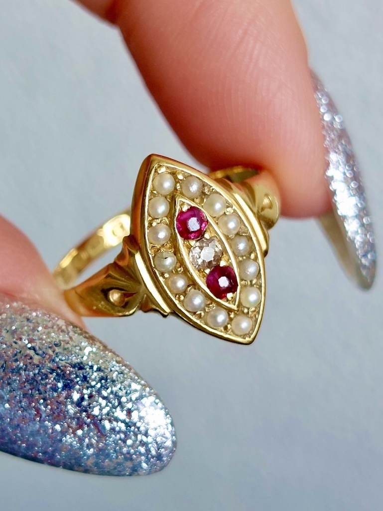 Victorian 18k Gold Navette Ring with Seed pearls, Rubies and Diamond