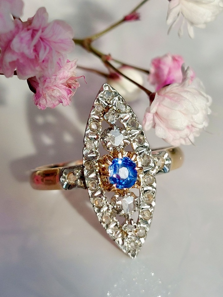 Belle Epoque 18k Gold Navette Ring with Rose Cut Diamonds and Sapphire